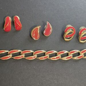 Monet-Style Red Enamel & Gold Tone Jewelry 7pc Set